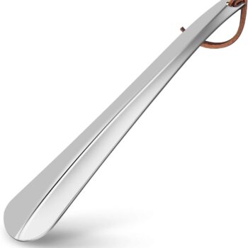 All-Metal Stainless Steel Shoehorn with Genuine Leather Lanyard (Long Handle)