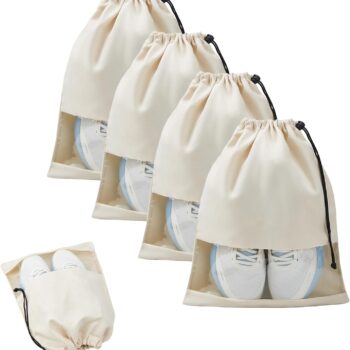 4-Piece Canvas Drawstring Shoe Bag Set – Large Dust-Proof Shoe Organizer with Clear Window